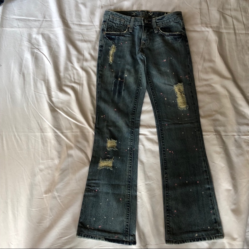 X-Ray Painter Distressed Bootcut Jeans. Size 24